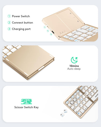 Samsers Foldable Bluetooth Keyboard with Touchpad - Portable Wireless Keyboard with Holder, Rechargeable Full Size Ultra Slim Pocket Folding Keyboards for Android Windows iOS Tablet & Laptop - Black