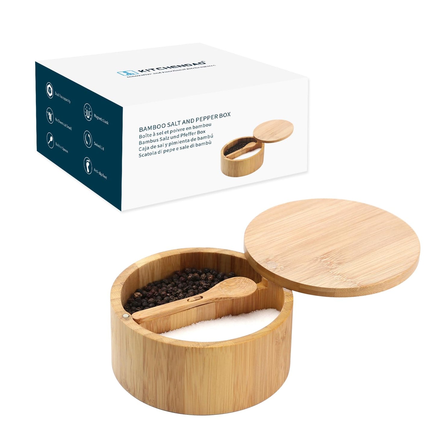 KITCHENDAO Bamboo Salt Cellar Bowl Box with Swivel Magnetic Lid to Store Pepper Spice