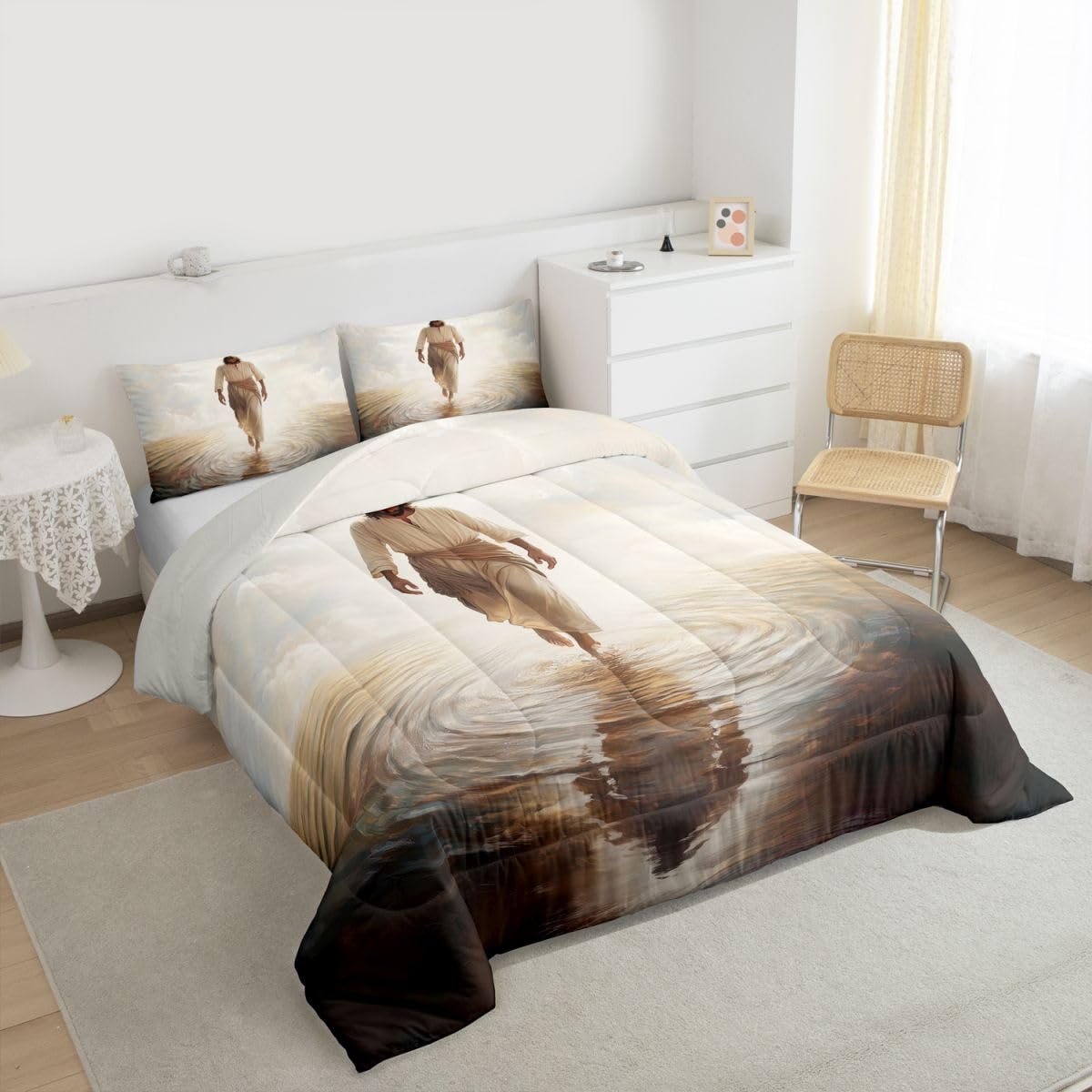 Manfei God Walking on Water Girls Bedding Set Twin Size,Bible Verse Western Faith Comforter Set,Modern Artwork Spiritual Quilt Comforter Girls Boys Teens,Beige Gray Room Decor All Season,1 Pillowcase