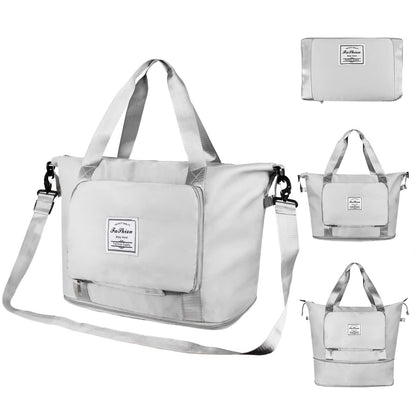 Foldable Travel Duffel Bag,Large Capacity Gym Tote Bag with Detachable Long Strap, Dry Wet Separated Overnight Bag (Gray)
