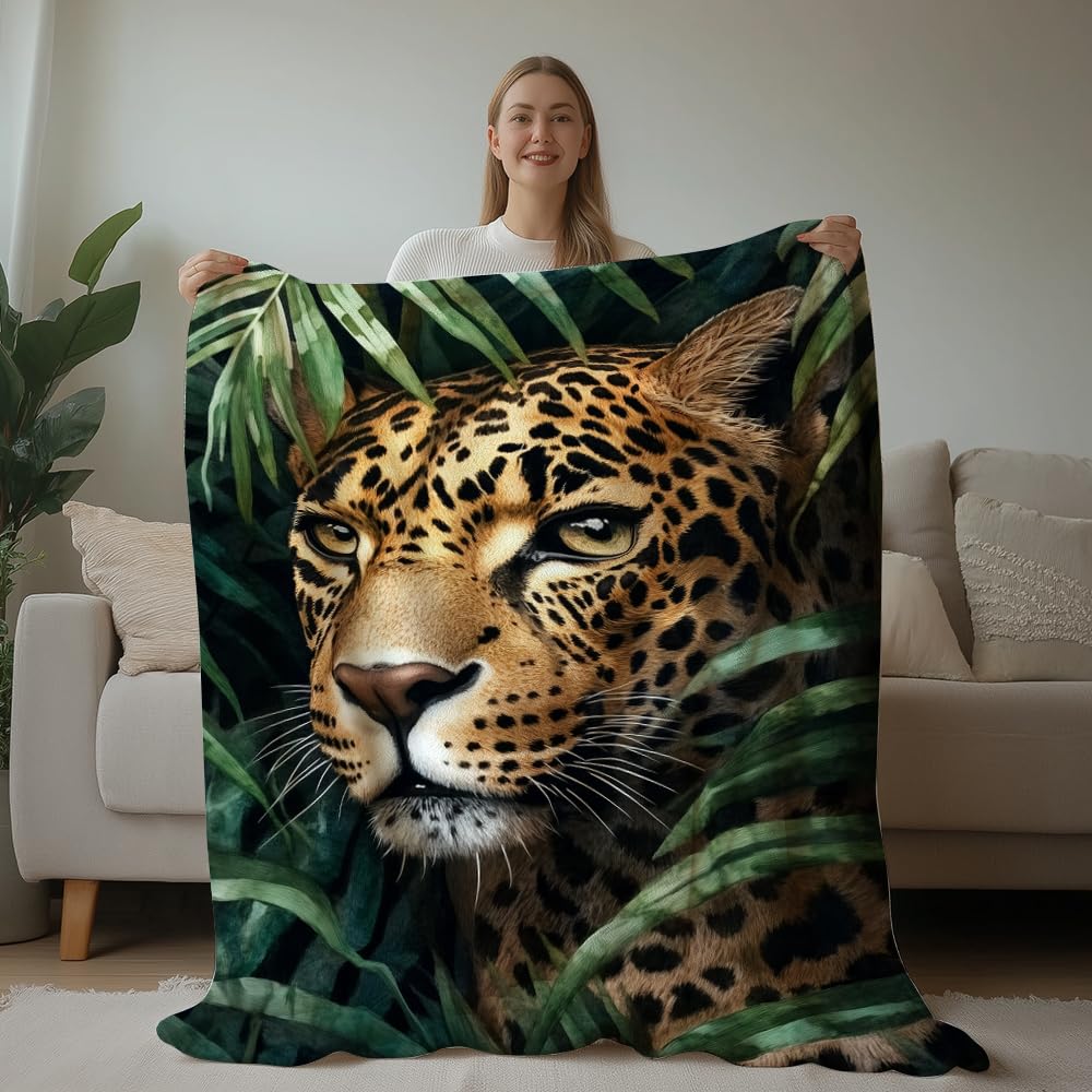 HUNXIAOJ Leopard Throw Blanket Animal Print Blanket Cheetah Gifts for Kids Warm Soft Flannel for Girls Boys Woman Teens Adults Bed Sofa Couch (49in x 59in)