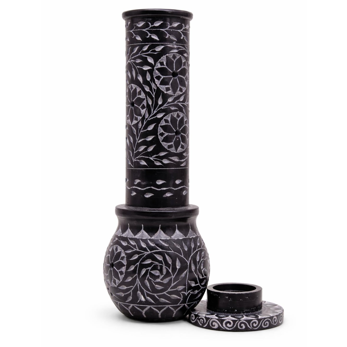 KC KULLICRAFT Hand Carved Marble Soapstone Incense Stick Holder – Black Incense Burner with Ash Catcher Base, Tea Light & Camphor Holder, Decorative Home & Puja Decor (3 x 3 x 10 Inch).
