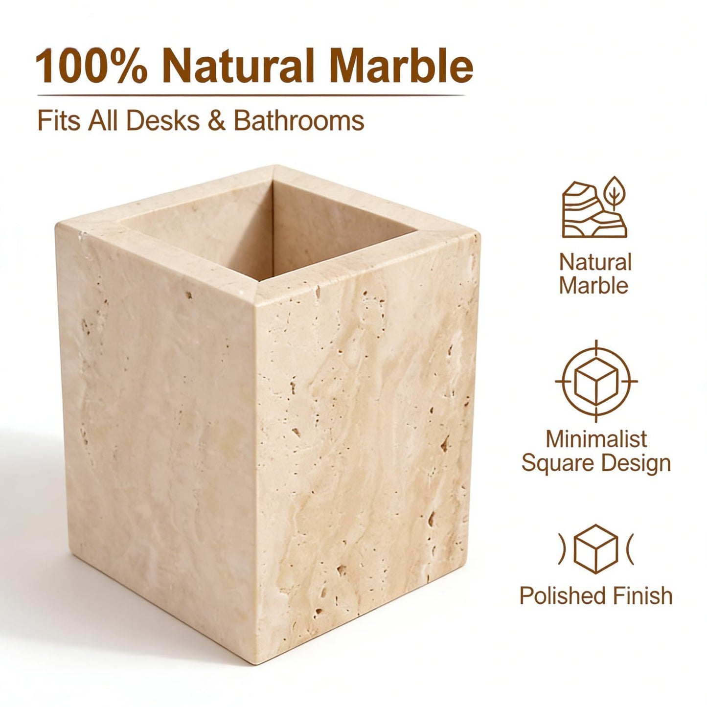 Natural Travertine Marble Toothbrush Holder & Makeup Brush Holder& Pen HolderUtensil Holder, 3.15inch Genuine Durable Marble Stone Square Storage Container for Office & Home Countertop Organizer