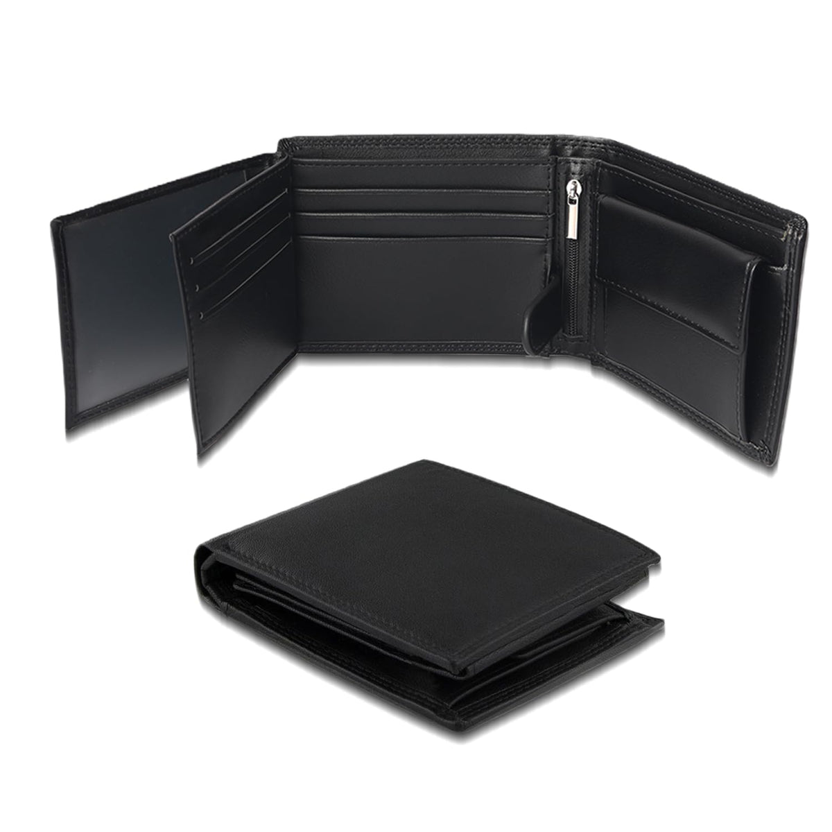 KAIDUCHKDC Mens Trifold Wallet with 3 ID Window & 15+ Card Slots, PU Leather Bifold Wallet for Men, Multi-Card Holder with Double Stitched for Business Travel, Black
