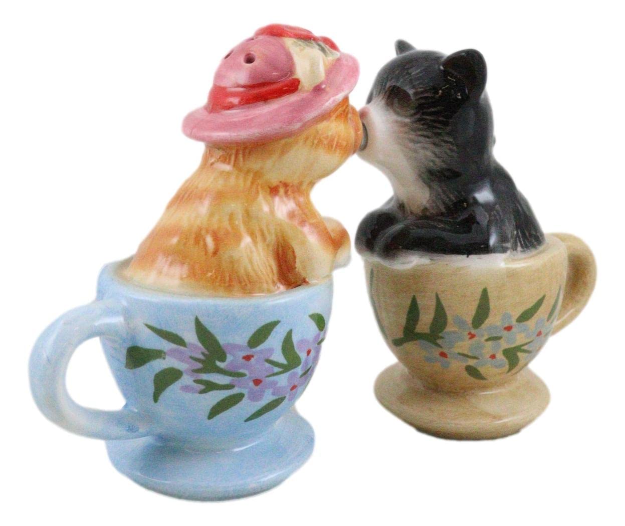 Ebros Ceramic Tabby And Tuxedo Black Kitty Cats In Teacups Kissing Salt And Pepper Shakers Set Valentines Tea Cup Cat Kittens Figurines Party Kitchen Tabletop Collectible Decorative Accents