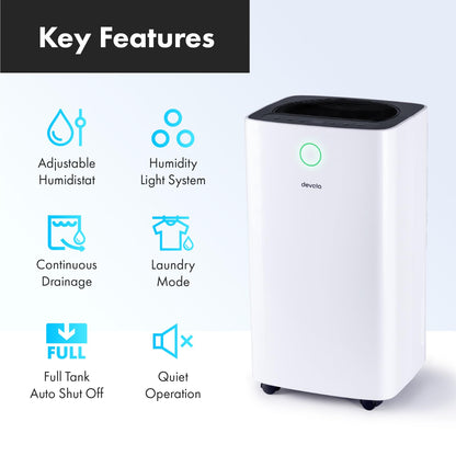Devola 12L/day Low Energy Dehumidifier, Quiet & Energy Efficient (costs less than 5p per hour) Dehumidifiers for Home, Laundry Drying Dehumidifier, Dust Filter, Continuous drainage