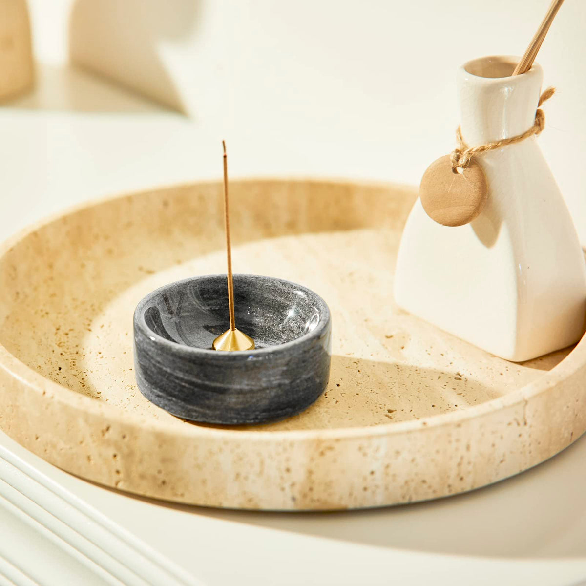 PHINILUX Travertine Marble Vanity Tray, Round Ottoman Tray Minimalist Modern Decorative & Fruit Serving Plate for Bathroom, Kitchen, Nightstand, Coffee Table Decor, Jewelry Ring Dish Holder, Beige
