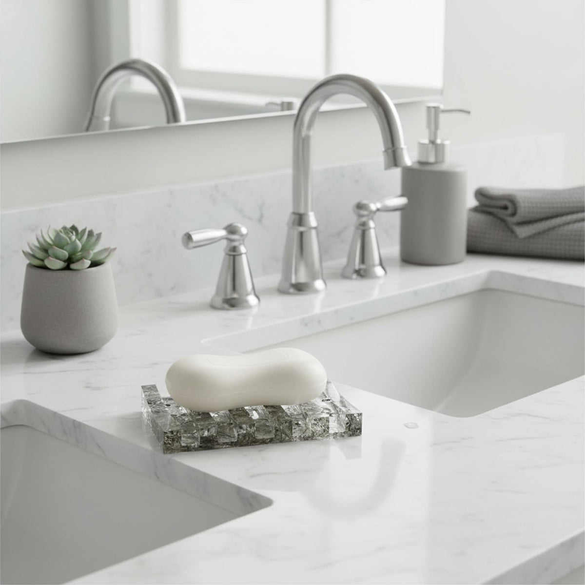 KUHPLOVE Soap Dish Rectangular Draining Holder with Natural Green Inclusions Handcrafted Bathroom Tray Modern Decor Accessory 4.33 x 2.99 x 0.59 Inches (Hair Crystal Double Drain Soap Rack)