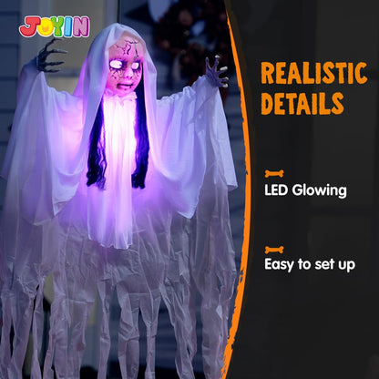 JOYIN 43" Outdoor Halloween Decoration, Scary Girl Hanging Ghost Decor Sound Activated with Light-up Head for Yard, Patio, Haunted House Lawn Garden