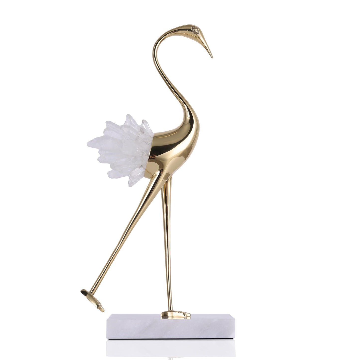 suruim Elegant Gold Crane Bird Statues with Crystal Tail Accents, Decorative Brass Figurines for Home Decor (White B)