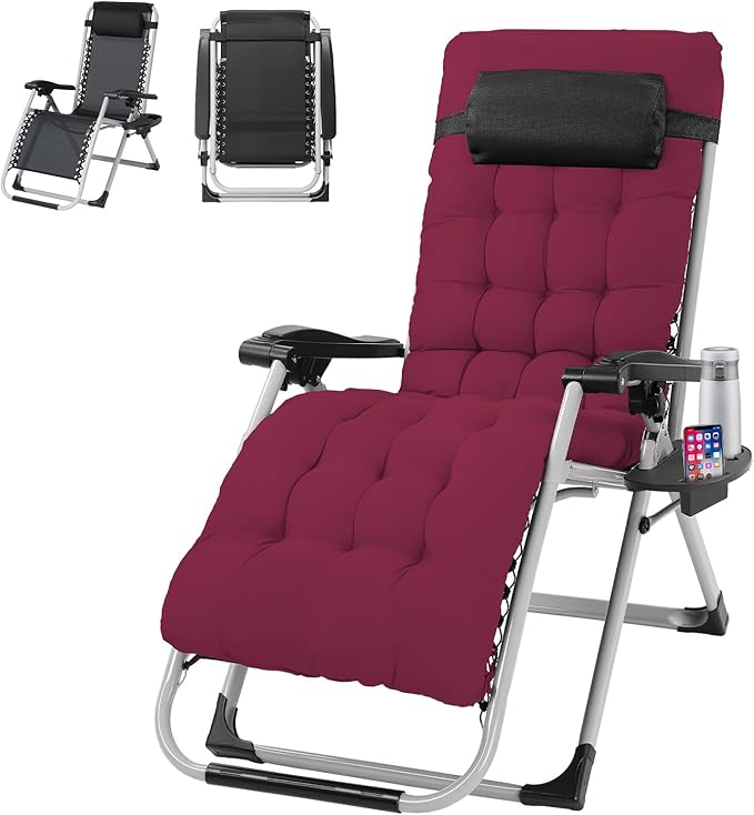 VINGLI Padded Zero Gravity Chair, Lounge Chair with Removable Cushion & Tray， Folding Reclining Patio Chairs， Recliner Chair for Lawn，Indoor Outdoor-Red