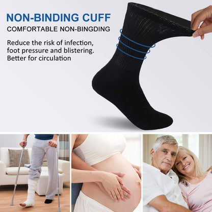 6 Pack Women Cotton Diabetic Non Elastic Loose Socks Gentle Grip Wide Top Ladies Diabetic Socks for Poor Circulation Non-Binding Seamless Soft Top Socks Hosiery Size 4-7 (Black - 6 Pairs)