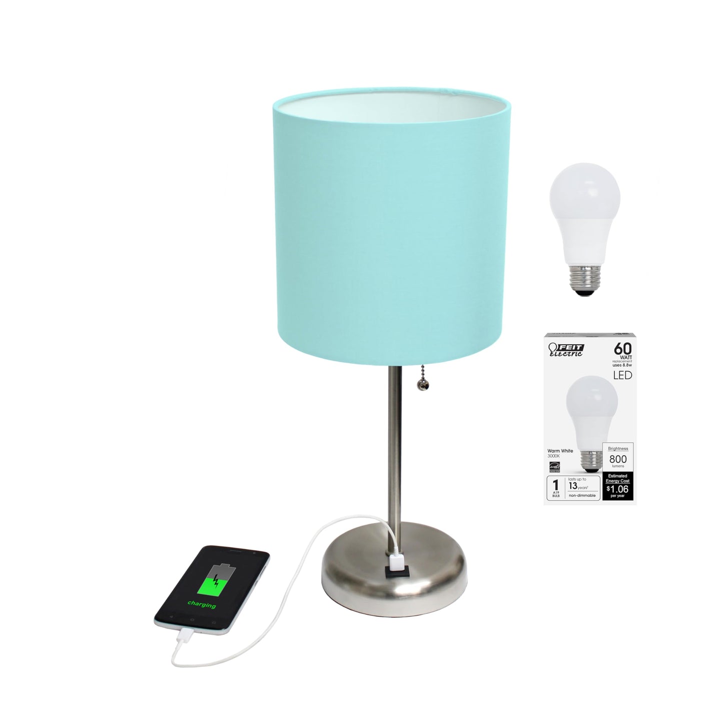 Simple Designs LT2044-AQU-LB Brushed Steel Stick Table Desk Lamp with USB Charging Port and Drum Fabric Shade for Living Room, Hallway, Nightstand, Office, Aqua Shade, with Feit LED Bulb Included
