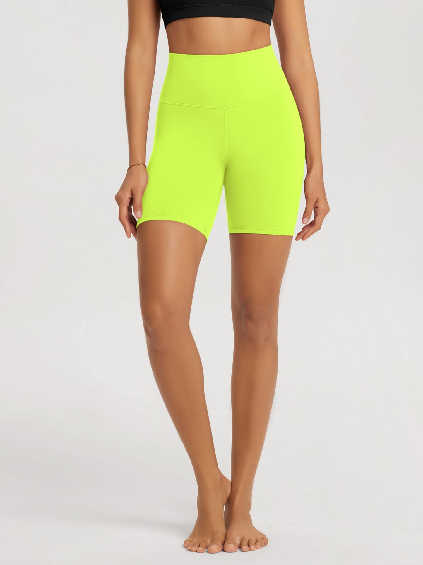 ODODOS Buttery Soft Lounge Yoga Shorts for Women 6" Inseam High Waist Non See Through Biker Shorts, Neon Green Yellow, Medium
