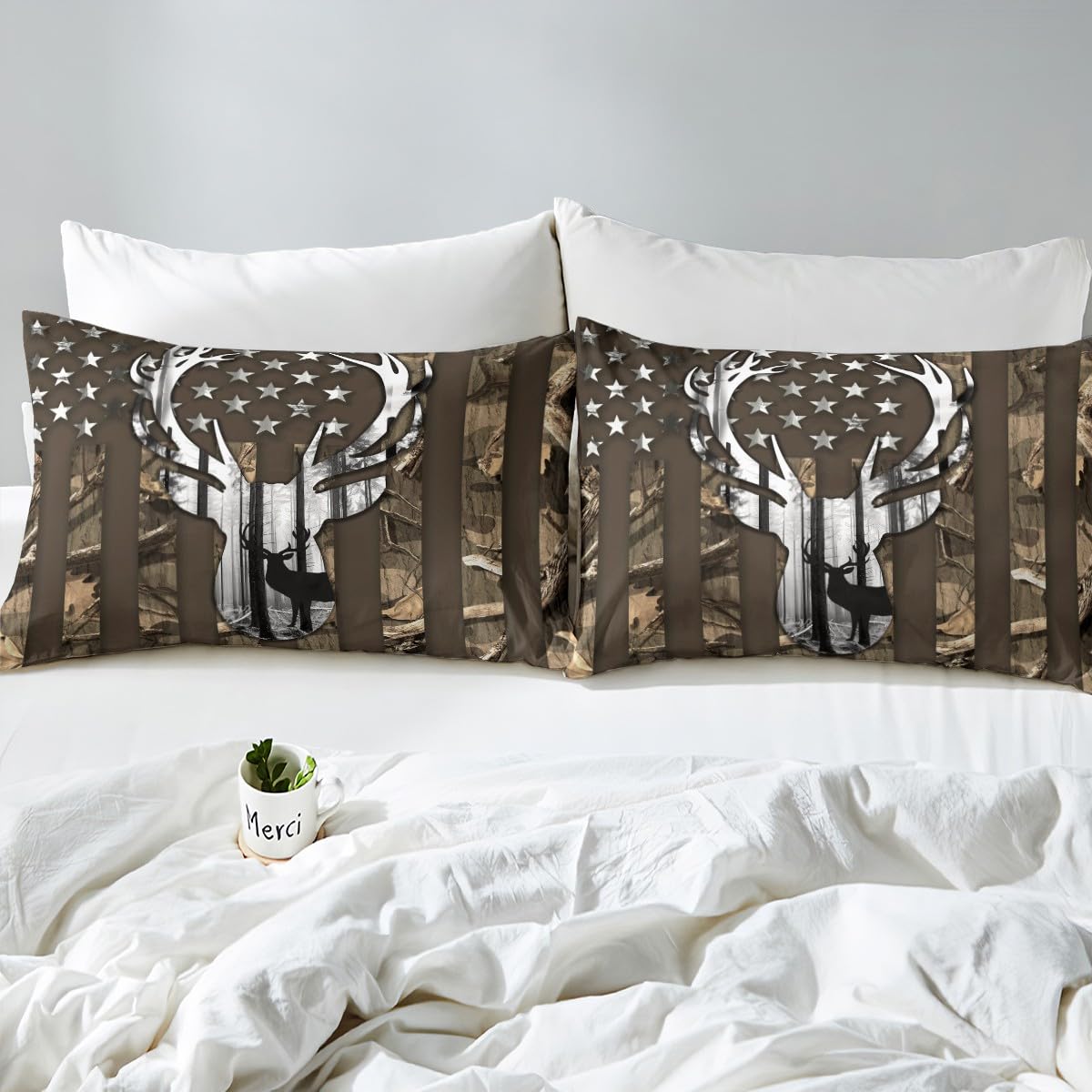 Kids Camo USA Flag Bed Sheet Set King Size,Brown Camouflage American Flag Quality Brushed Microfiber Luxury Bedding Set, Deer Antlers and Trees Bedding (1 Fitted,1 Flat,2 Pillowcases),Soft Fabric