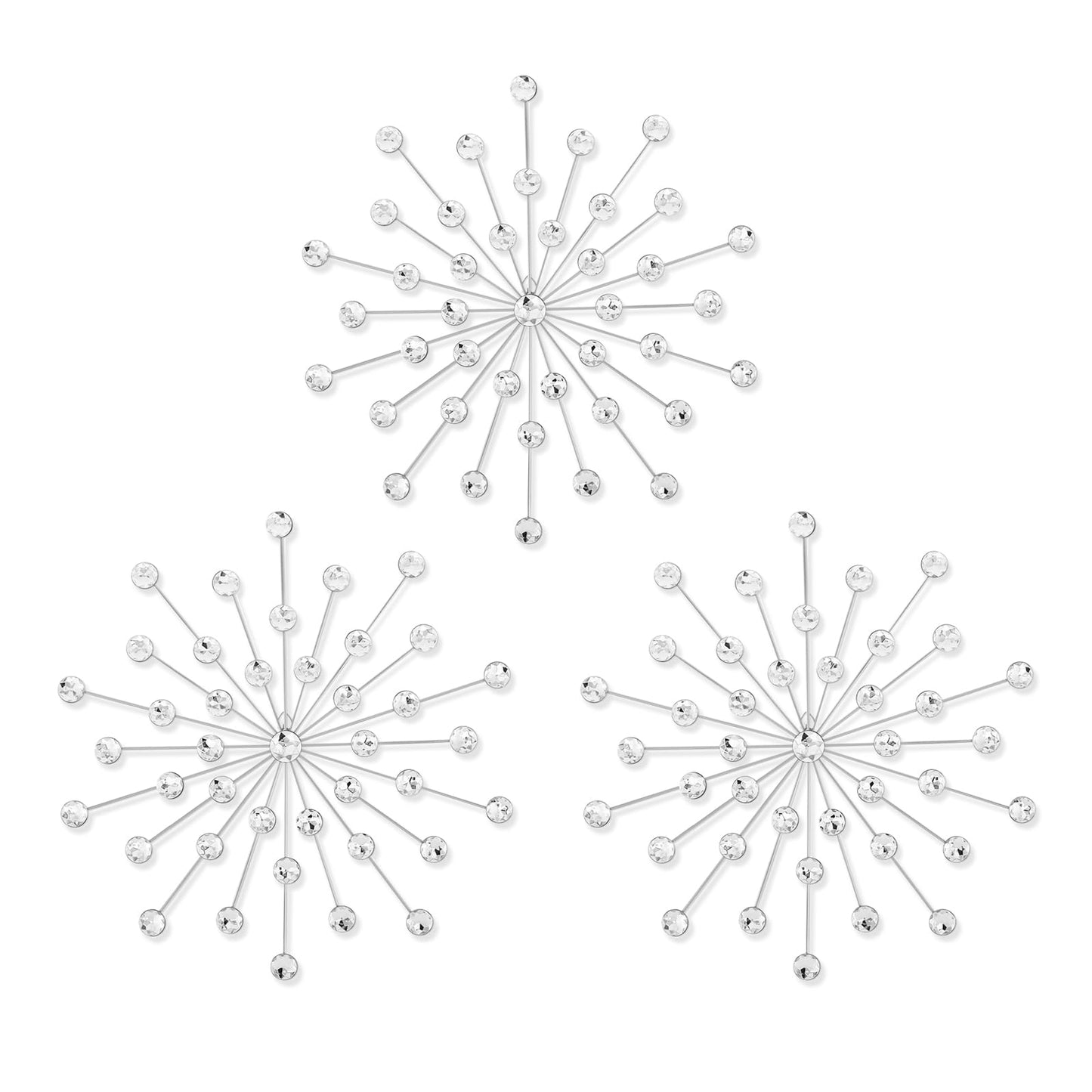 SIYIKRYP Set of 3 Crystal Sunburst Wall Decor – 11.8" Silver Metal Wall Art with Rhinestone Accents – Modern 3D Starburst Hanging Ornaments for Living Room, Bedroom, Office