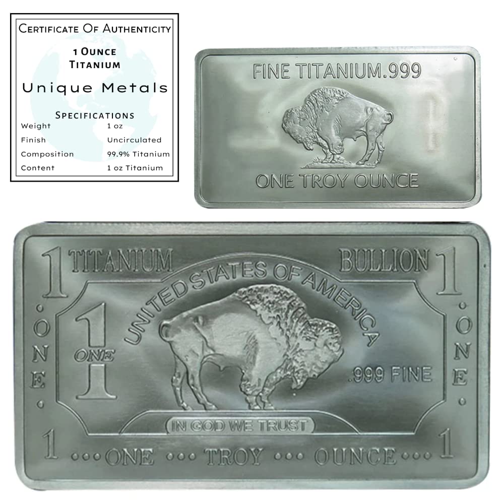 Titanium Bar w/COA - 1 oz One Troy Ounce .999 Pure Bullion Bar with Buffalo Design and Certificate of Authenticity
