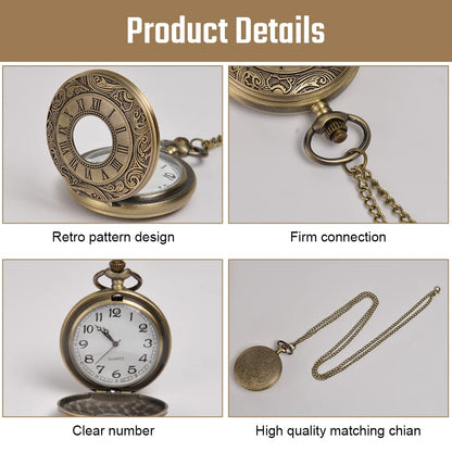 Vicloon Modern Vintage Quartz Pocket Watch with Chain, Roman Numerals - Stylish for Birthday, Anniversary, Christmas, Father's Day (Bronze)