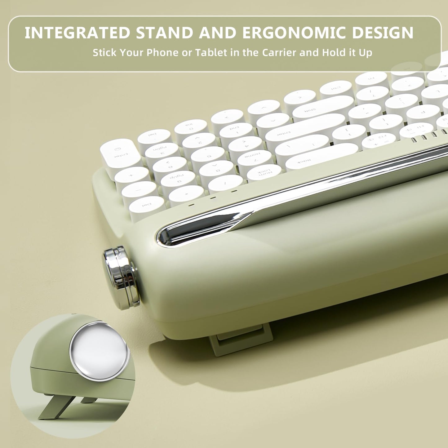 YUNZII Upgraded Wireless Typewriter Keyboard,with Retro Integrated Stand,USB-C/Bluetooth,Cute Round Keycaps, USB-C/Bluetooth Connection for Table, Phone, PC and Win/Mac/Android (B309, Baby Pink)