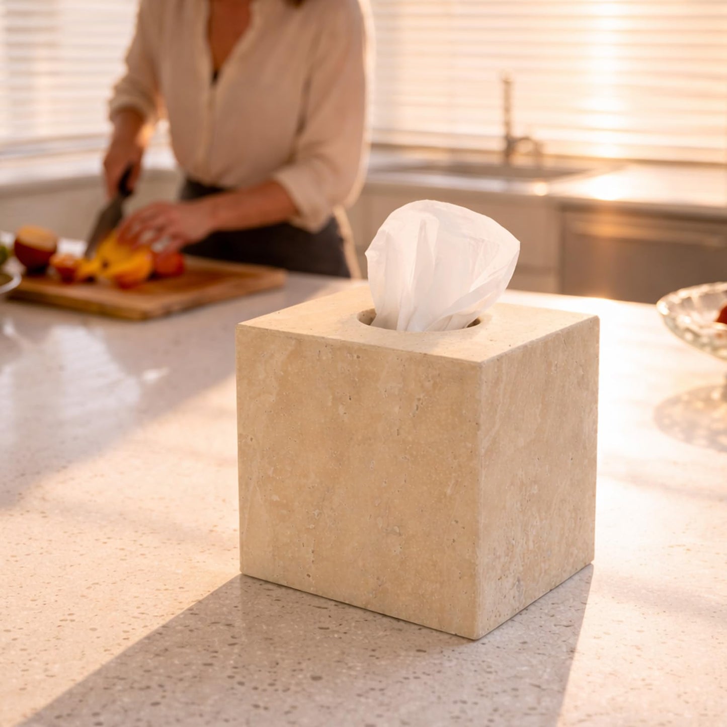 Koville Marble Tissue Box Cover, Heavy Square Tissue Cube Cover Tissue Organizer with Open Bottom for Countertop, Decorative Stone Facial Tissues Boxes Holder for Bathroom Bedroom Kitchen (Beige)