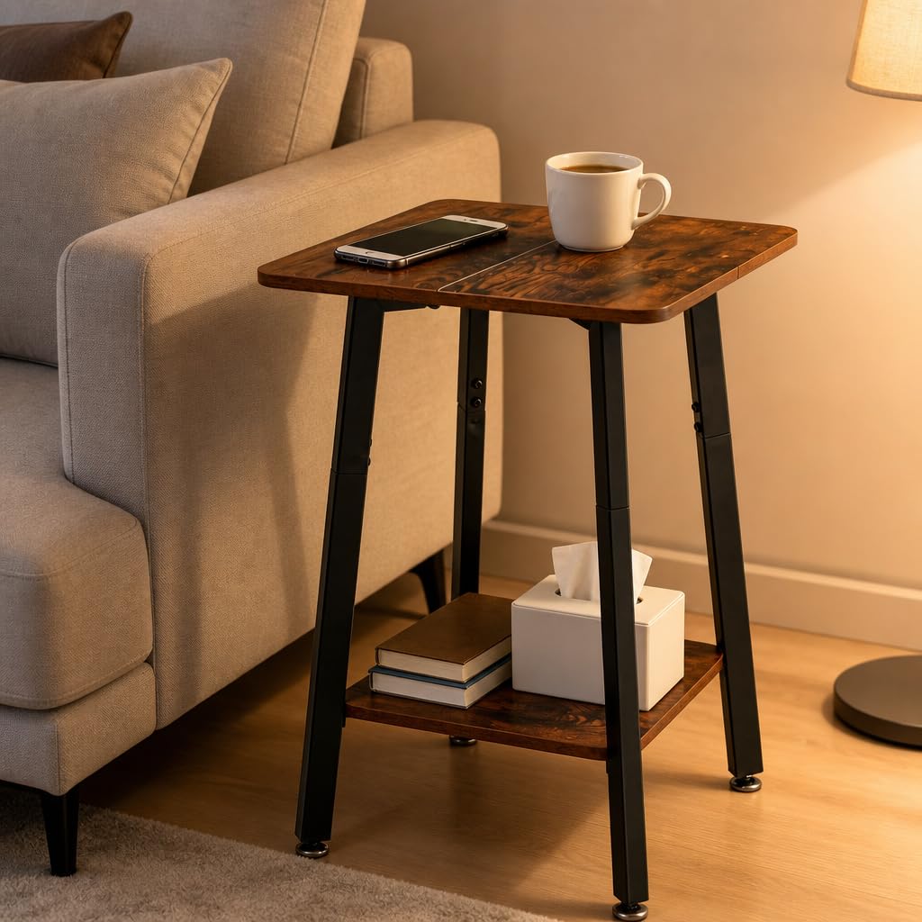 King Oasis Small Side Table for Small Spaces, 2-Tier End Table with Storage Shelf, 15.7-Inch Square Wood and Metal Nightstand for Living Room or Bedroom, Rustic Brown