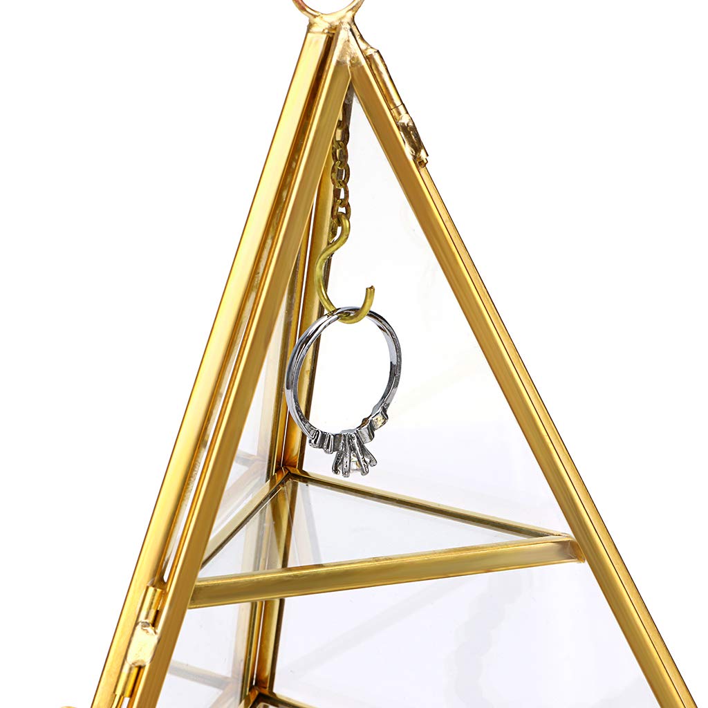 ELLDOO 3 Tier Glass Display Case for Collectibles, Triangular Crystal Display Shelf, Crystal Holder Decorative Display Tray for Crystals Healing Stones Marbles, Gold Metal Jewelry Display Stand