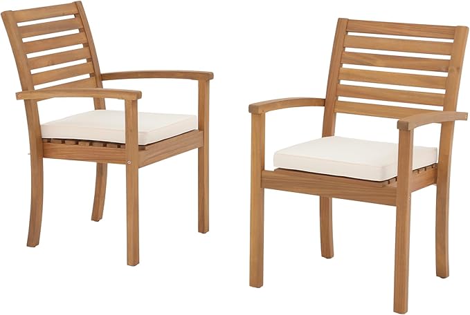 OC Orange-Casual Stackable Patio Dining Chairs Set of 2, Outdoor Acacia Wooden Chairs w/Armrest & Removeable Fabric Cushion, for Porch, Backyard, Garden, Indoor, Beige