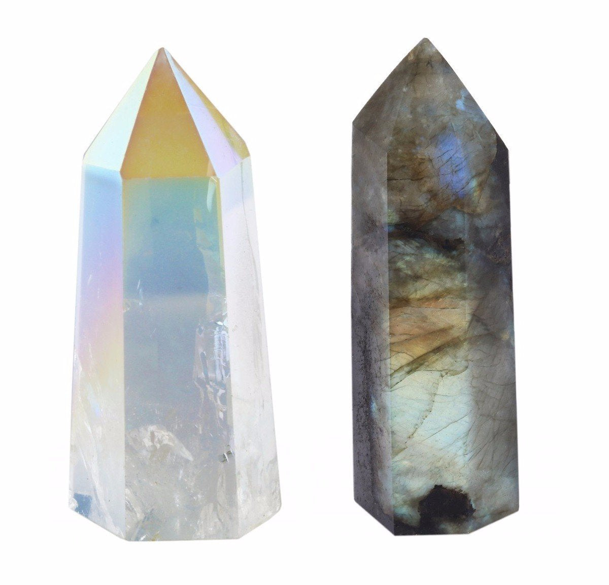 SUNYIK Angel Aura Quartz1.2-2.5"/Labradorite 1.6"-2.8" Self Standing 6 Facet Single Point Figurine Sphere Pack of 2