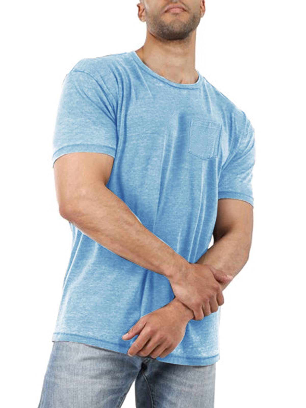Men's Short Sleeve Soft T-Shirt Casual Solid Color Crew Neck Tee Tops Pocket Shirt Large