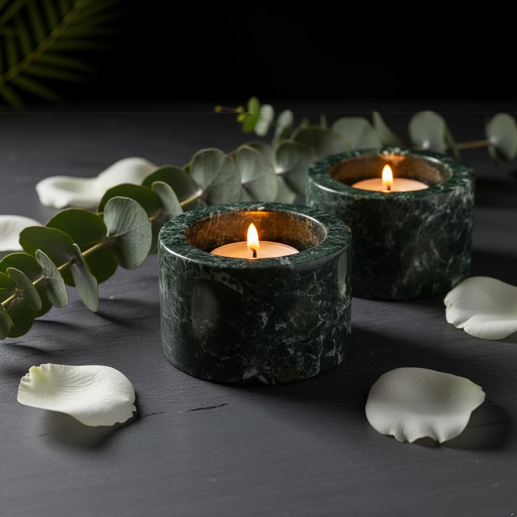 NikkisPride Indian Lighting Decoration Unique Marble Tea Light Candle Holder, Natural Green Candlesticks Holders Set of 2 Best Easter Gifts for Adults
