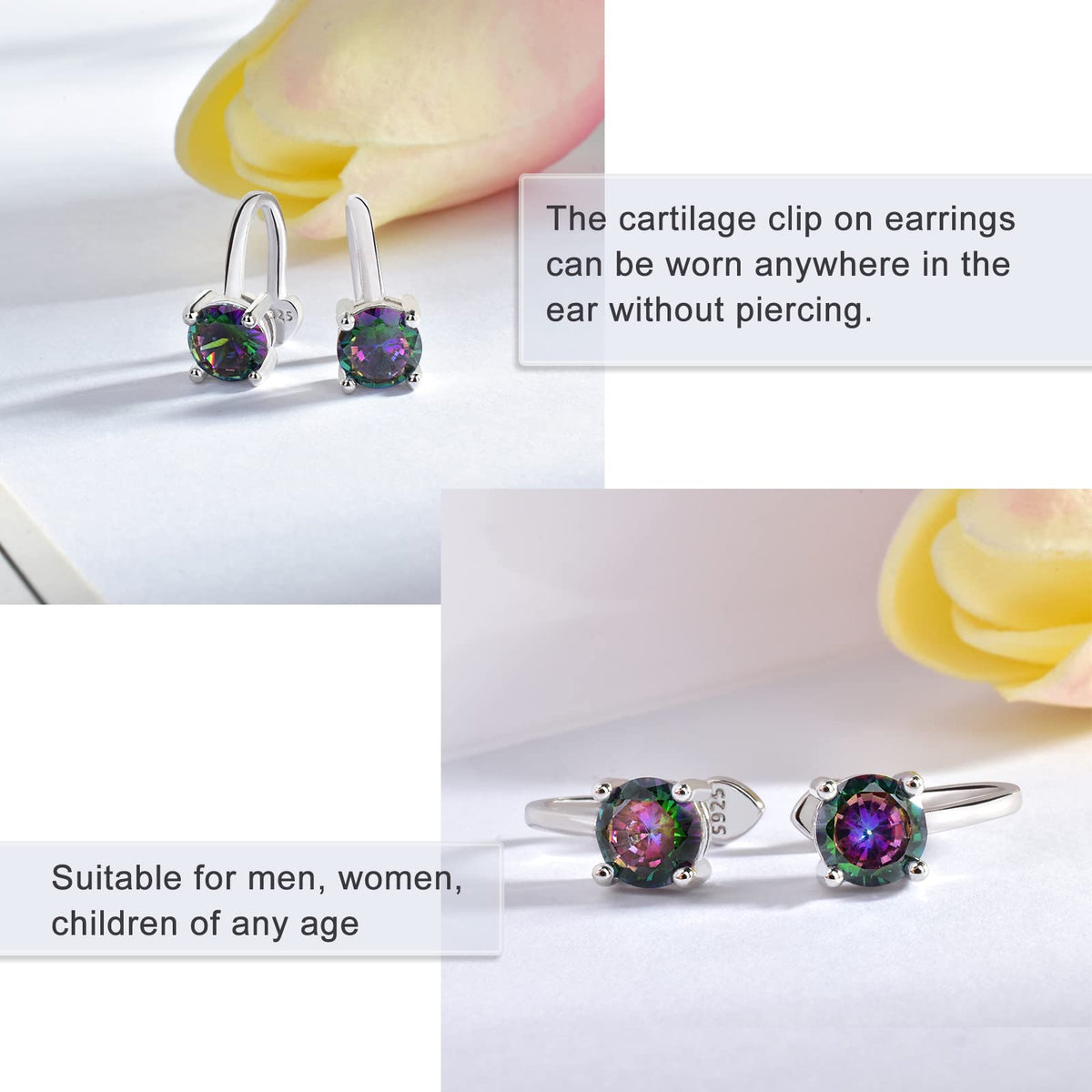 14K White Gold Plated Clip On Ear Cuffs - Rainbow Sterling Silver Round Cartilage Ear Cuffs with Cubic Zirconia Gifts for Women, Men, Teens, Boys, Girls