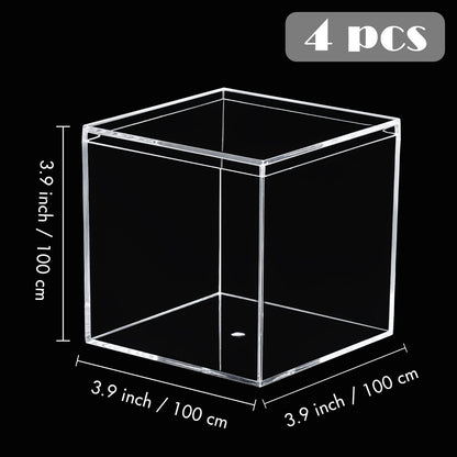 Kamehame Acrylic Boxes for Display 4 Pack Clear Plastic Square Cube, 3.9x3.9x3.9Inch/100x100x100mm Small Acrylic Box with Lid, Candy Pill and Tiny Jewelry Storage Boxes Organize Containers