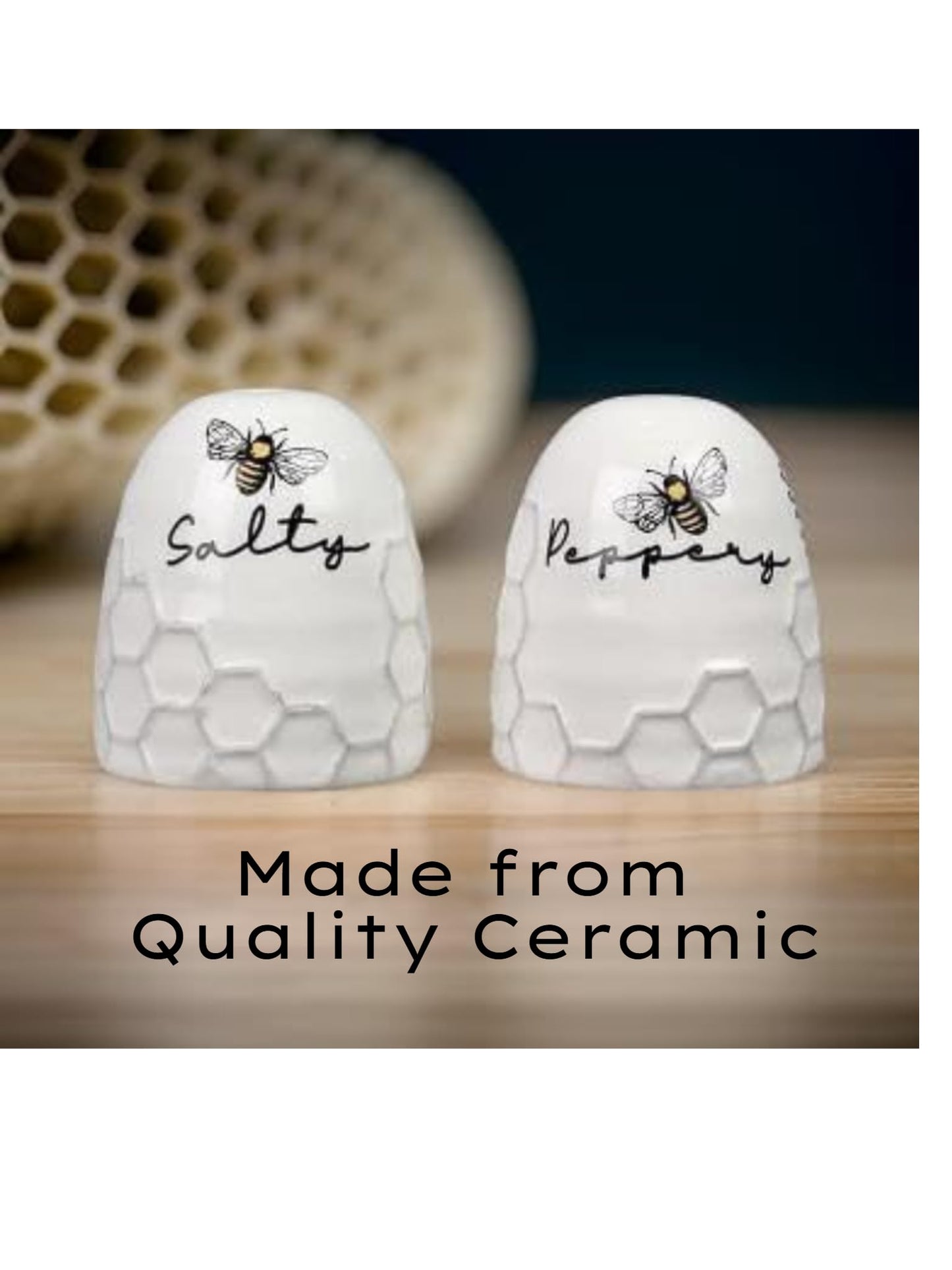 Honey Bee Ceramic Salt and Pepper Shakers, Unique Honeycomb Design
