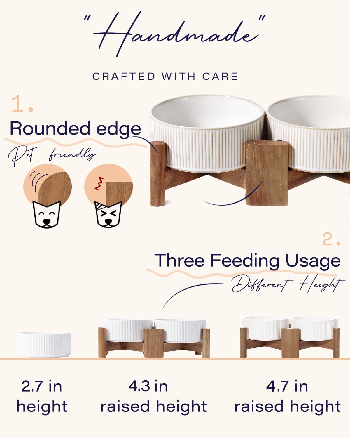 Getstar Ceramic Dog Bowls Set with Acacia Wood Stand, 3.5 Cups Pet Bowls Set of 2 for Medium Dogs, Cute Dog Food Bowl, Cat Bowls