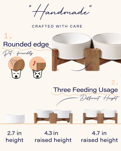 Getstar Ceramic Dog Bowls Set with Acacia Wood Stand, 3.5 Cups Pet Bowls Set of 2 for Medium Dogs, Cute Dog Food Bowl, Cat Bowls
