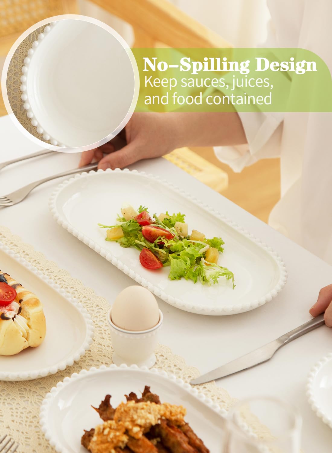 TAMAYKIM 12 Inch Porcelain Serving Platters Set of 6 - White Ceramic Trays with Beaded Edge, Oval Serving Plate for Steak, Taco, Sushi, Appetizer, Cake - Dishwasher & Oven Safe