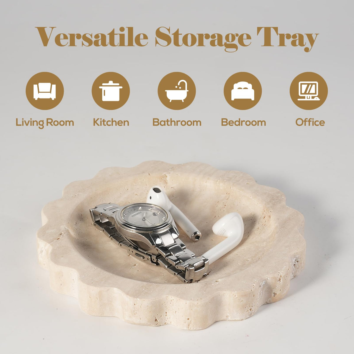 Koville 5.51" Travertine Tray, Natural Stone Trinket Dish for Ring Perfume, Round Scalloped Decorative Tray for Bathroom Vanity Dresser Countertop, Home Table Decor