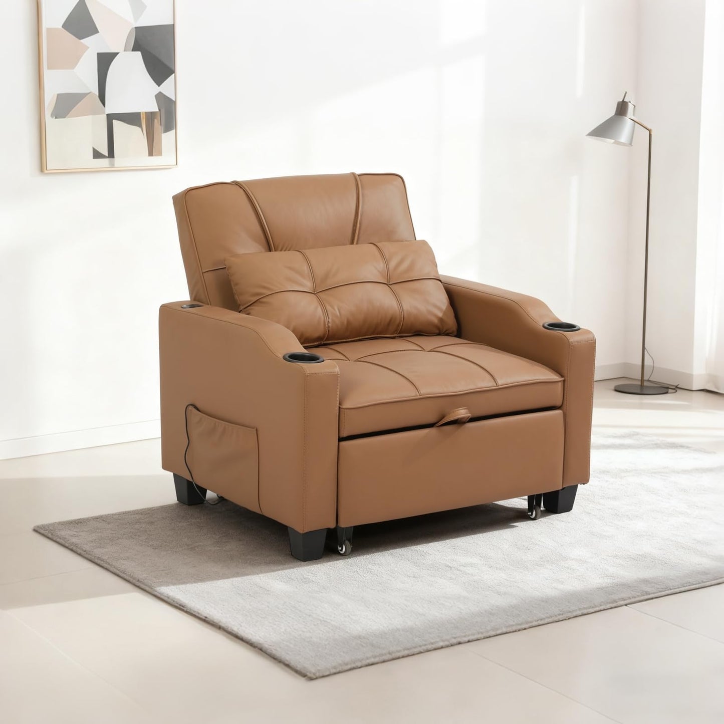 Sleeper Chair Pull Out Bed, 4 in 1 Convertible Sofa Chair Bed with Vibration Massage Lumbar Pillow, Single Sofa Recliner with USB/Type-C Port, Cup Holders and Side Pocket for Small Spaces (Brown)