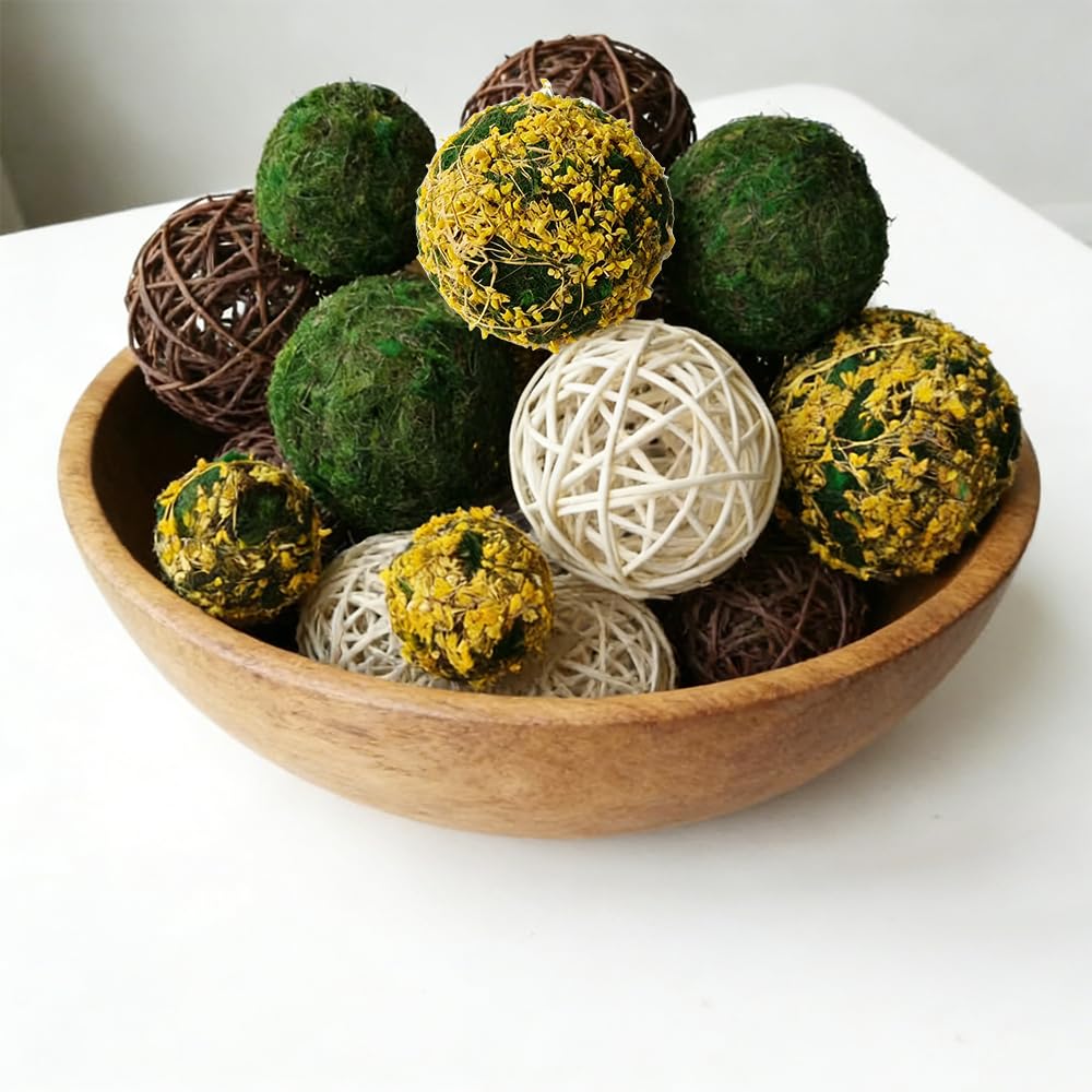 Tinsow 18Pcs Decorative Balls for Bowls, Mixed Moss Balls, Rattan Wicker Orbs & Dried Floral Sphere Bowl Fillers Decor for Home Table Centerpiece Wedding