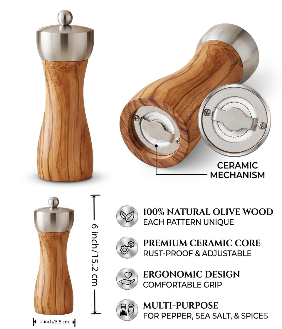 Tephra & Form 6" Olive Wood Pepper Grinder Mill, Adjustable Ceramic Core, Refillable Salt Pepper Shaker Kitchen Gift