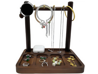 DUICIRX Jewelry Organizer Stand, Jewelry Holder, Earring Holder with 4 Hooks Necklace Organizer Wood Box for Necklace Bracelet Earring Ring (Walnut, 8.5" D x 6.1" W x 8.7" H)