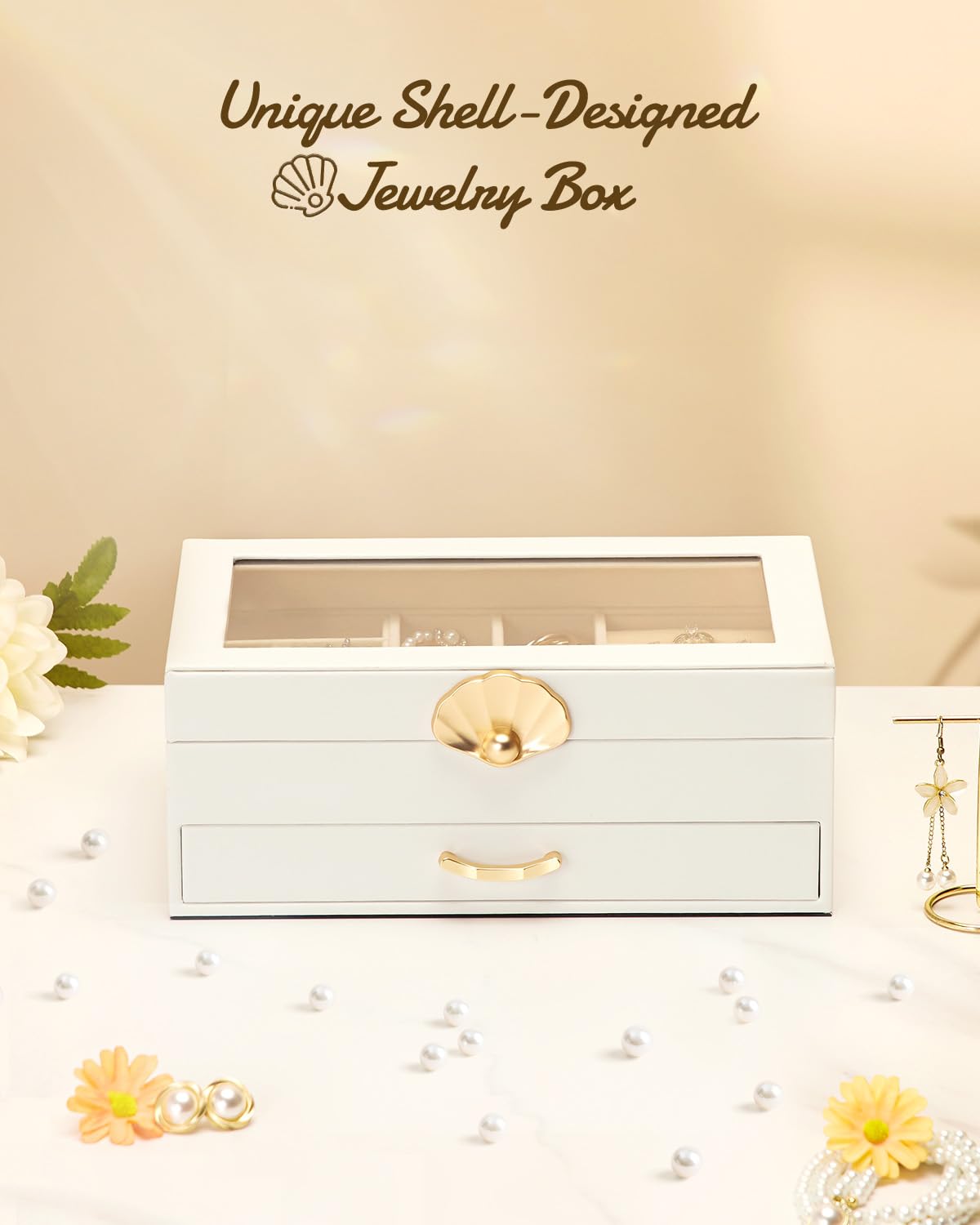 Enthralite Jewelry Box with 1 Drawers: Display Organizer for Earrings Necklaces - Christmas Gifts for Girls Women (White)