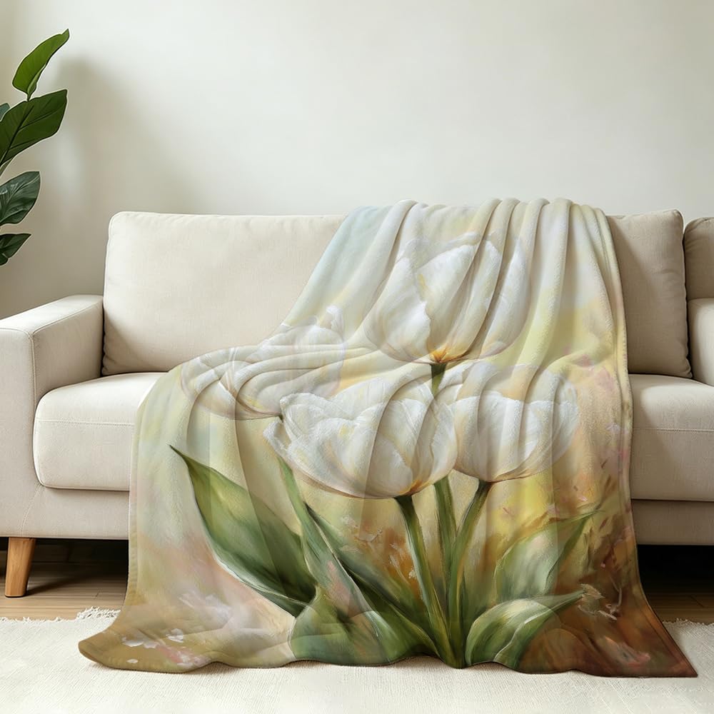 HUNXIAOJ Tulip Blanket Floral Throw Blanket Tulip Gifts for Women Rustic Flower Decor Floral Bedding Warm Soft Flannel for Girl Sofa Couch (49in x 59in)