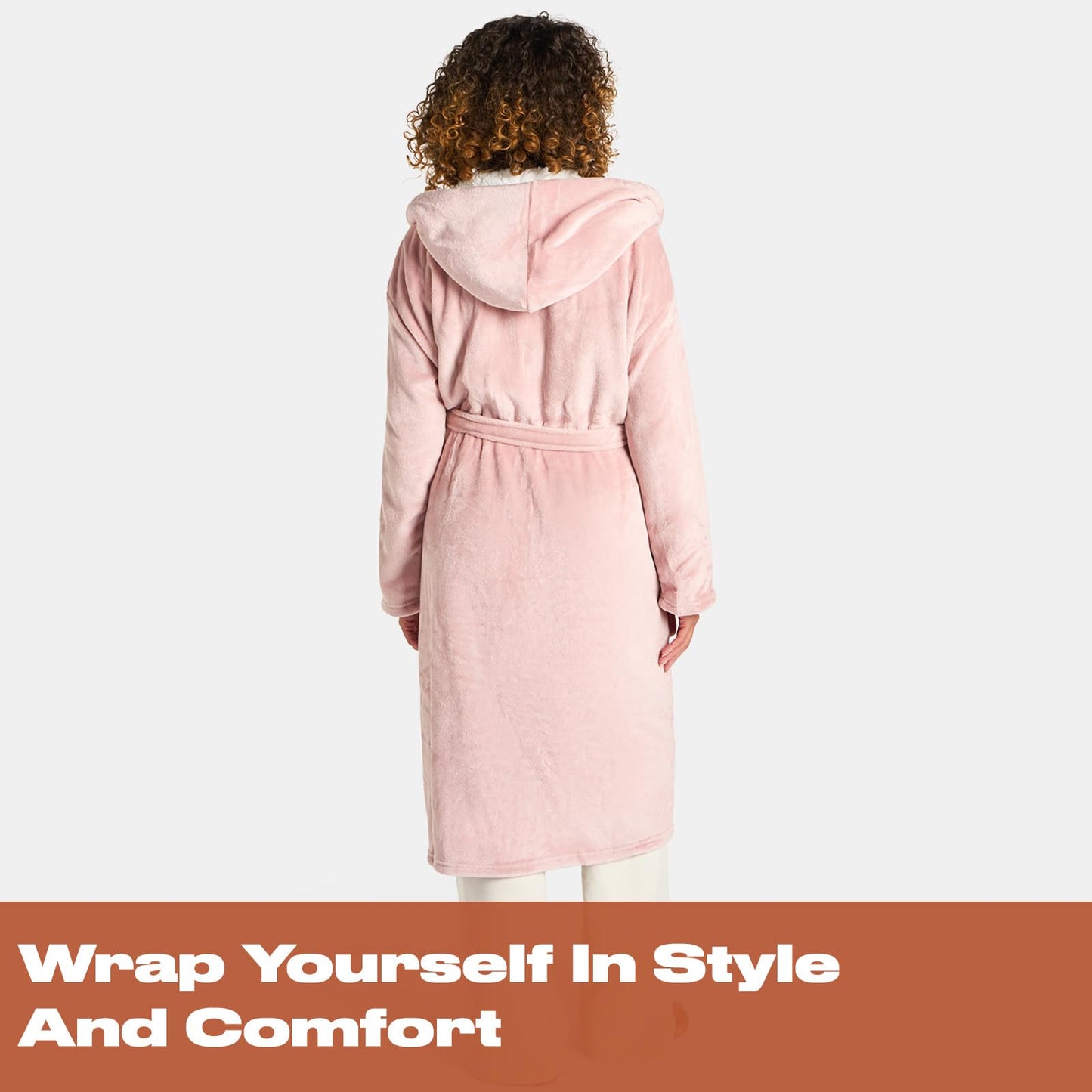 Sienna Hooded Dressing Gowns for Women UK Super Soft Flannel Fleece Sherpa Lined Fluffy Mens Luxurious Comfy Cosy Bathrobe - Blush Pink