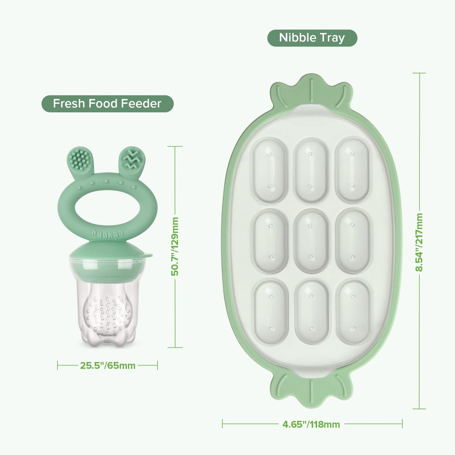 Haakaa Baby Fruit Food Feeder & Silicone Freezer Nibble Tray Combo - Breastmilk Popsicle Mold for Baby Cooling Relief, BPA Free Baby Mesh Food Feeder for Infant Self Feeding - Pea Green