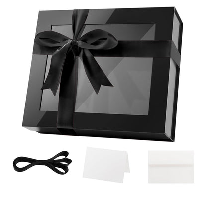PACKQUEEN Extra Large Black Gift Box with Window, 16.3x14.2x5 Inches Clear Gift Box for Present Contains Ribbon, Card, Groomsman Proposal Box with Magnetic Lid (Glossy Black)
