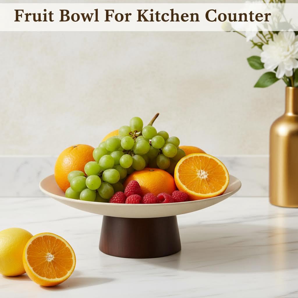 COSYOO Modern Ceramic Pedestal Fruit Bowl, High-Fired Stoneware Shallow Serving Bowl with Wooden Base, Elevated Decorative Fruit Tray for Kitchen Counter Entryway Table Dining Centerpiece