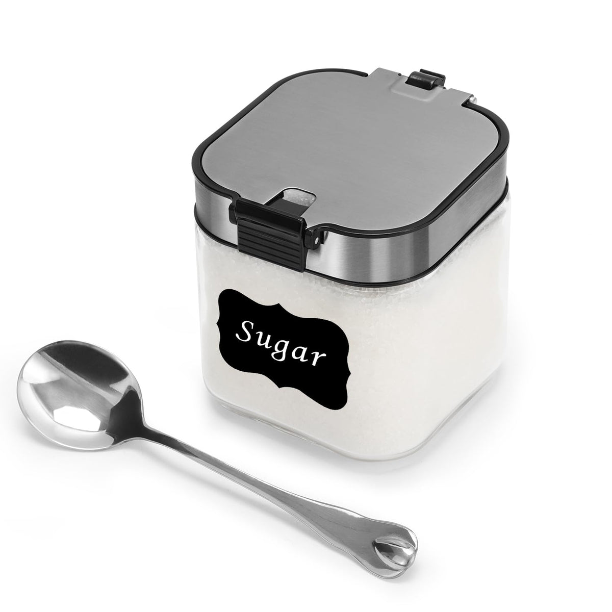 Aelga Glass Sugar Bowl with Lid and Spoon, 8.5 OZ Sugar Container Stainless Steel Flip Lid, Salt Container for Kitchen, Coffer Bar Accessories, Countertop