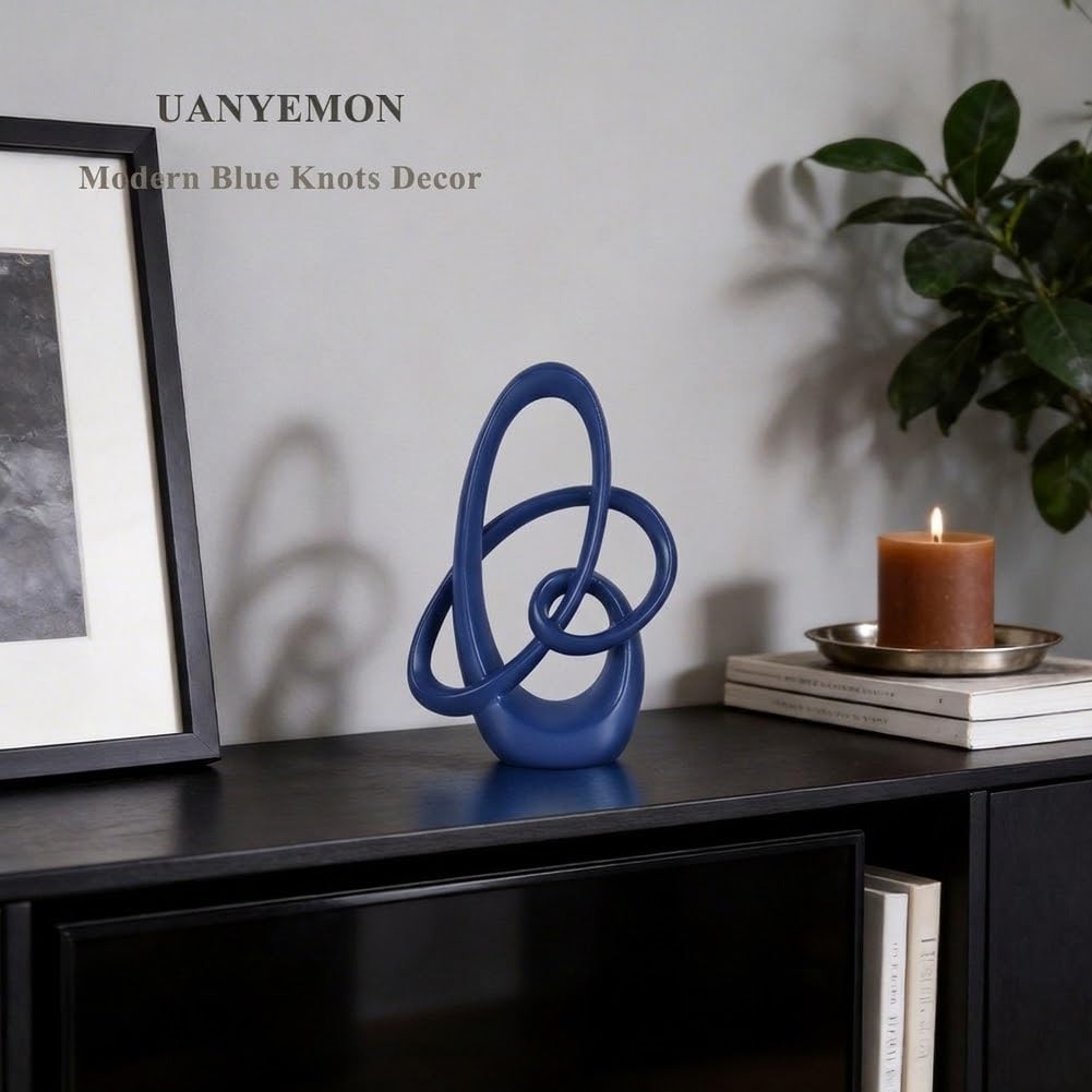 Modern Blue Knots Decor - 7.1" Resin Blue Knot Statue, Abstract Navy Art Sculpture Home Decor for Living Room, Coffee Table, Shelves, Entryway, Office Tabletop Accent, Decorative Knick Knacks Gift