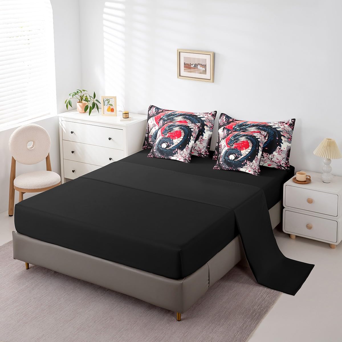Erosebridal Japanese Dragon Queen Bedding Set 7 Piece,Pink Cherry Blossom Bed Set for Kids Boys Girls,Oriental Style Aesthetic Floral Bedding Comforter Sets with Fitted Sheet,Flat Sheet,Pillowcases